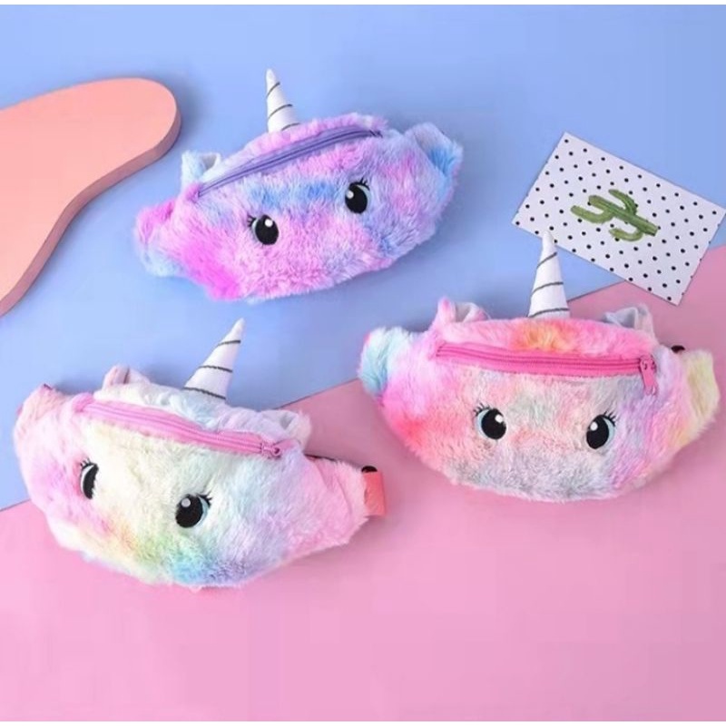Túi đeo chéo cho bé gái, túi bao tử hình chú ngựa kỳ lân pony cầu vồng bằng lông nhung