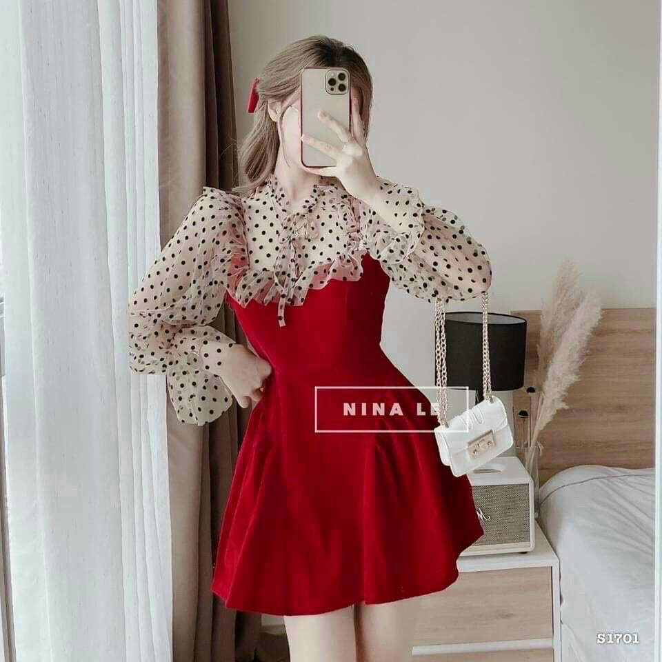 [12.12 Sales Freeship] Đầm tiểu thư nữ màu đỏ phối lưới chấm bi, đầm xòe cổ bèo tay lưới ôm eo dàng ngắn dễ thương mtb