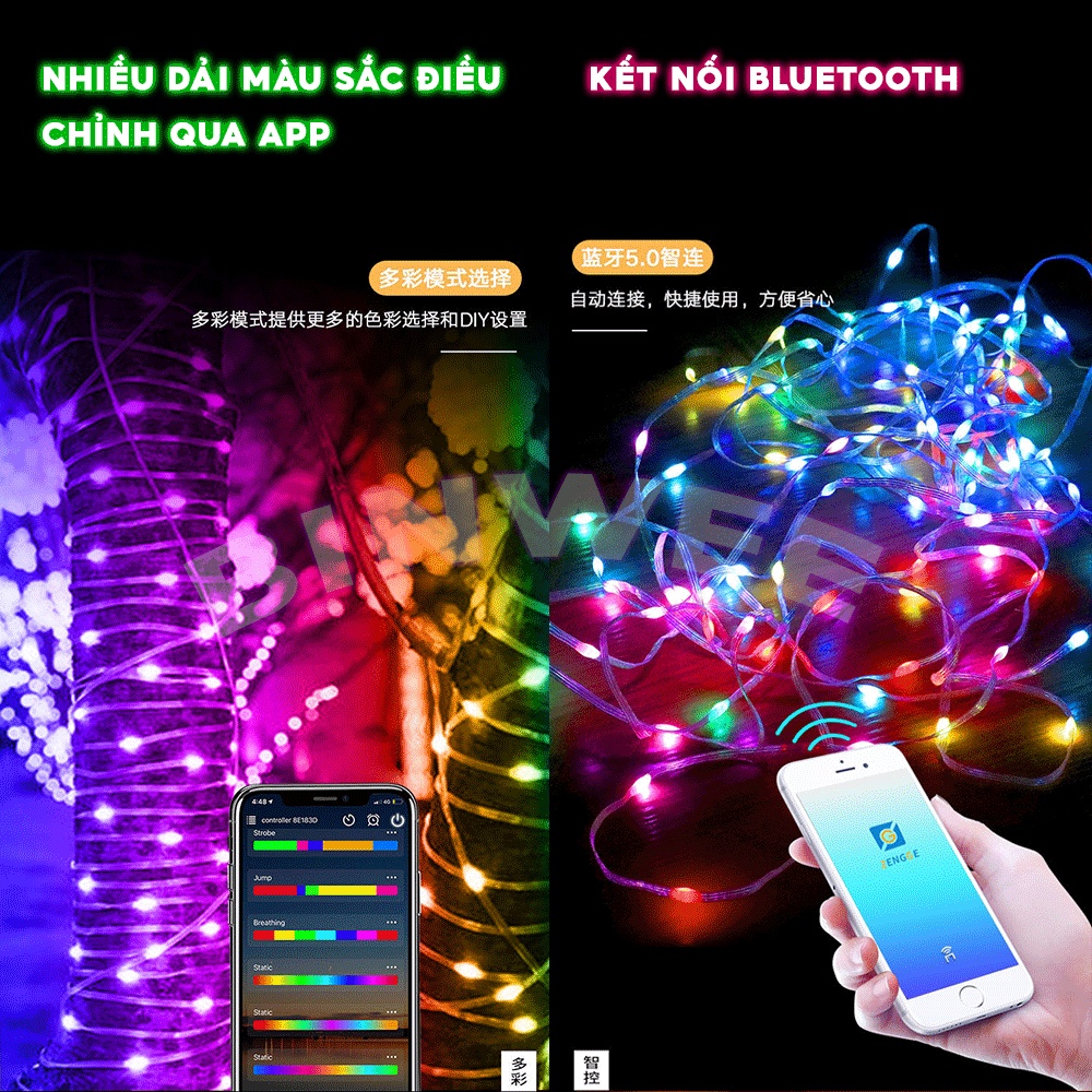 Đèn led dây RGB đuổi nháy theo nhạc chống nước Fairy Lights 16 triệu màu điều khiển, app, bluetooth trang trí phòng