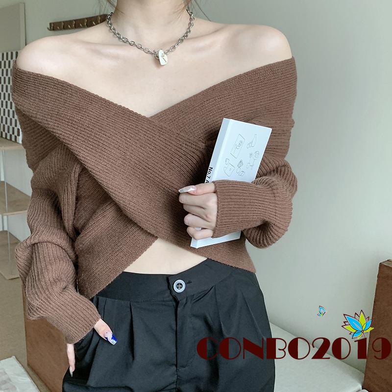 Áo Sweater Dệt Kim Tay Dài Màu Sắc Đơn Giản Cho Nữ