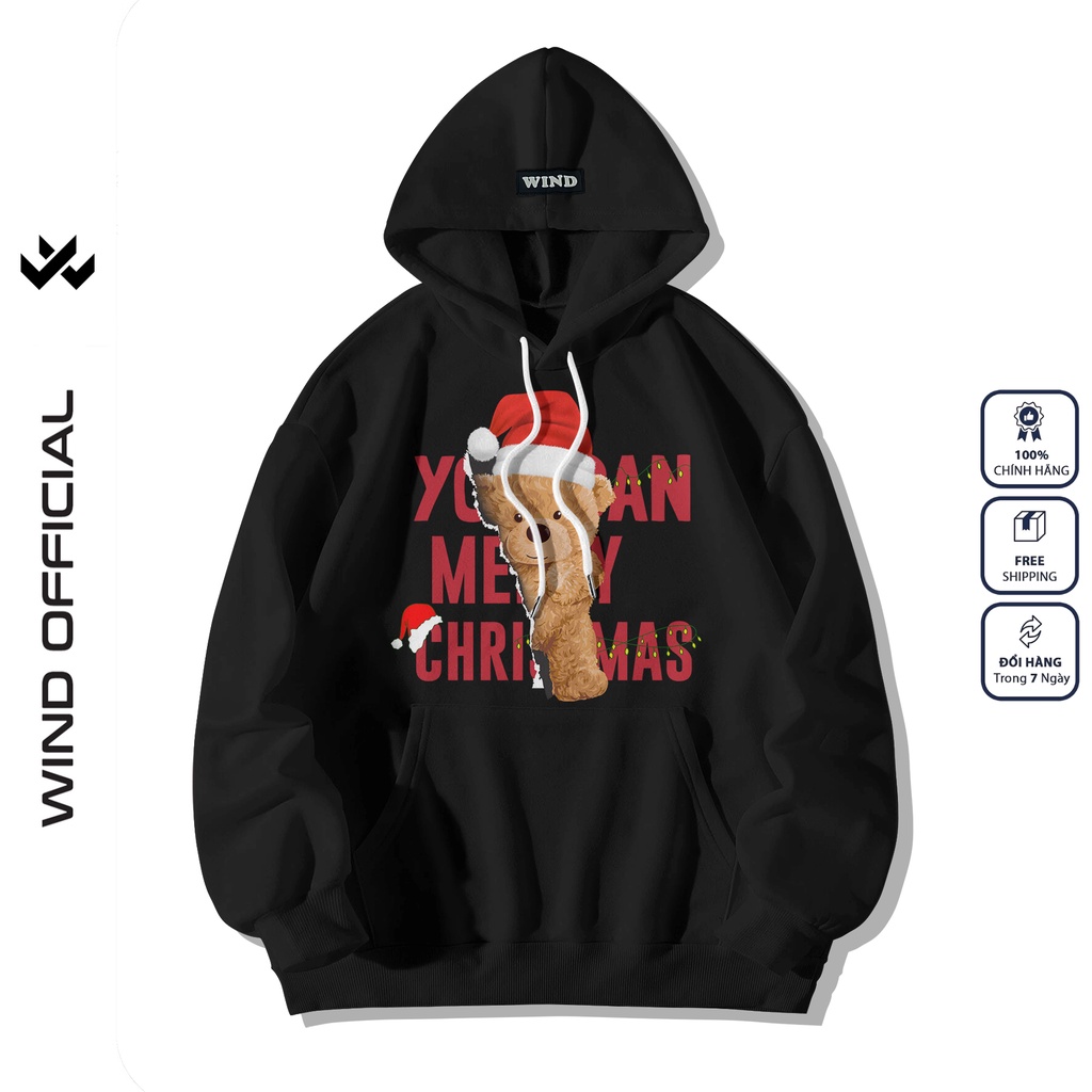 Áo hoodie unisex form rộng WIND nỉ bông Xmas Bear thời trang thu đông nam nữ oversize