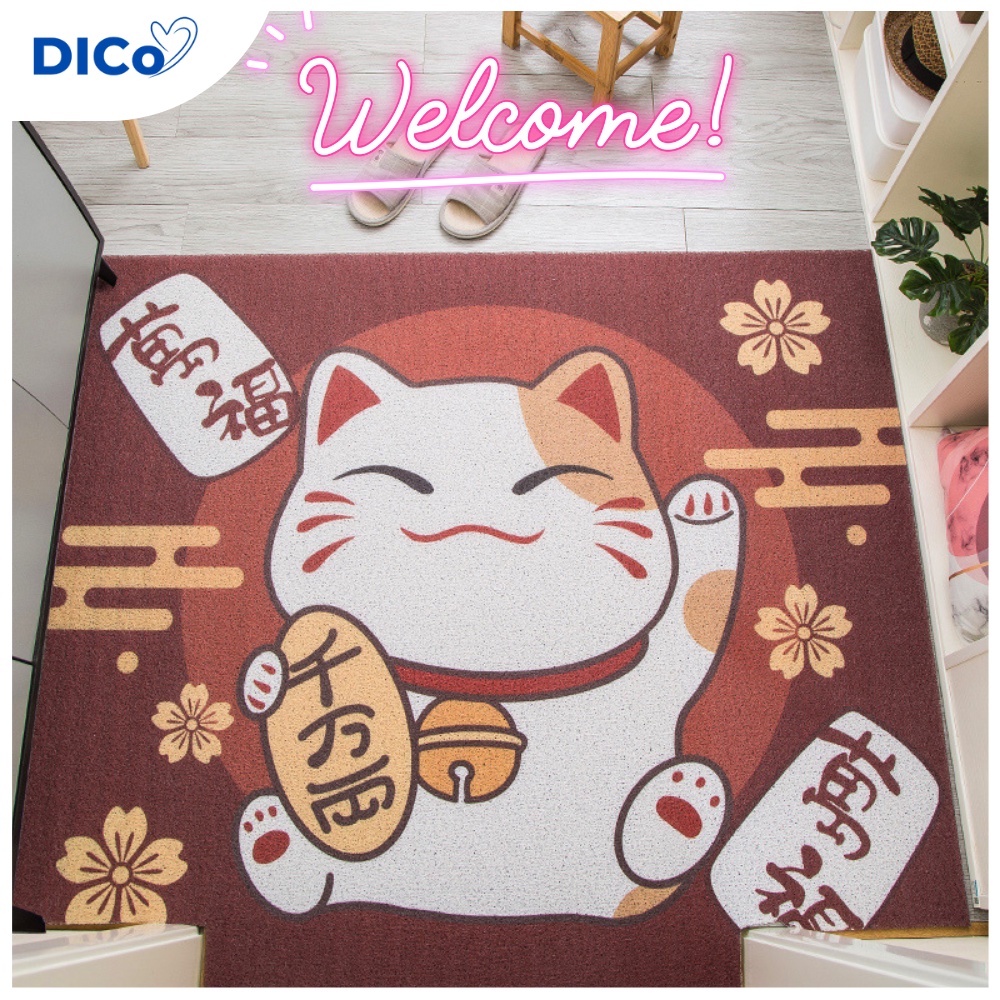Thảm chùi chân cửa ra vào nhựa rối in hình mèo thần tài 40x60