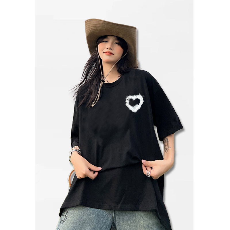 Áo thun pofloret dáng rộng ngắn tay in họa tiết tình yêu dành cho nữ