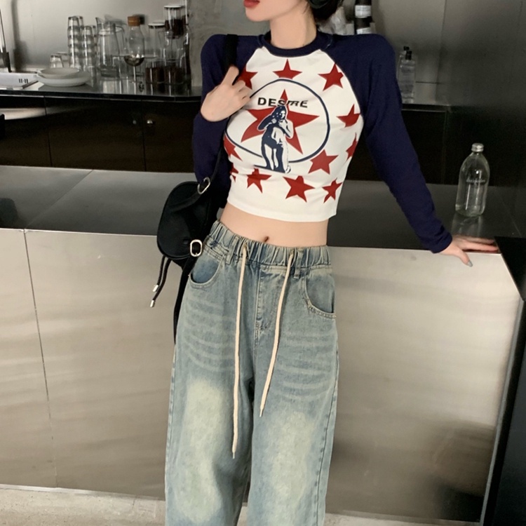 SUXI Áo Thun Tay Dài Dáng Ôm In Họa Tiết Ngôi Sao Thời Trang Cho Nữ