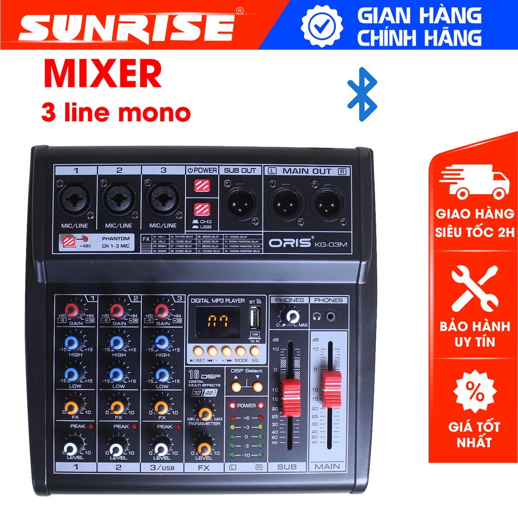 Mixer mini Bluetooth, bộ hòa trộn âm thanh chính hãng Oris KG-03M USB chất lượng cao, bảo hành 12 tháng