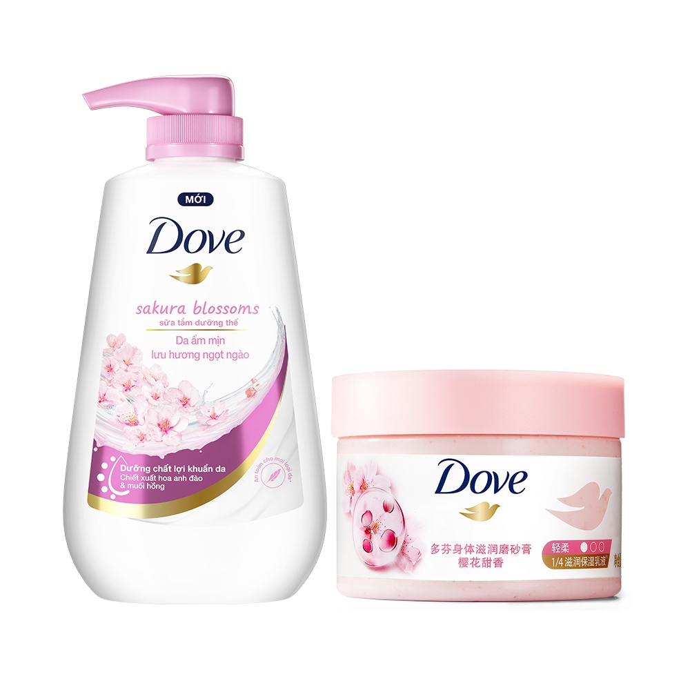 Combo Sữa tắm Dưỡng thể Dove 500g Da Mịn Hương Hoa 500g + Tẩy Da Chết Dưỡng Ẩm Dove Hương Hoa Anh Đào/ Lựu Đỏ 298g