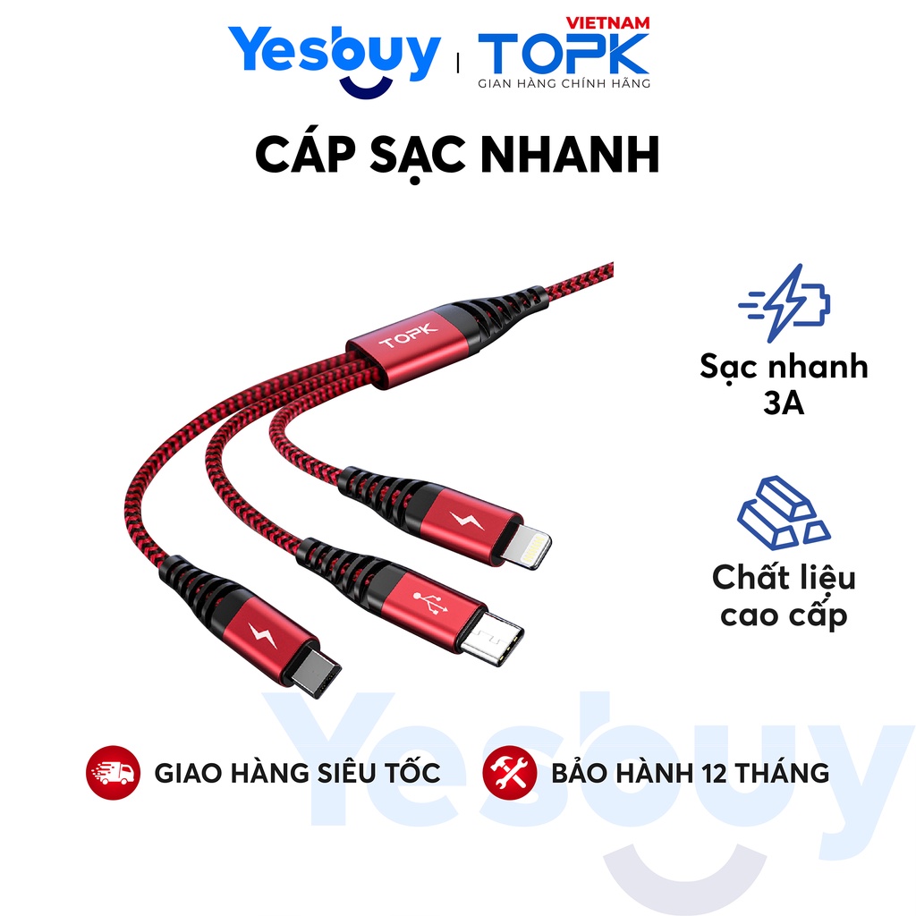 Cáp sạc TOPK AN24 dùng cho điện thoại - Hỗ trợ dòng điện tối đa 3A - Hàng Chính Hãng - Bảo Hành 12 Tháng