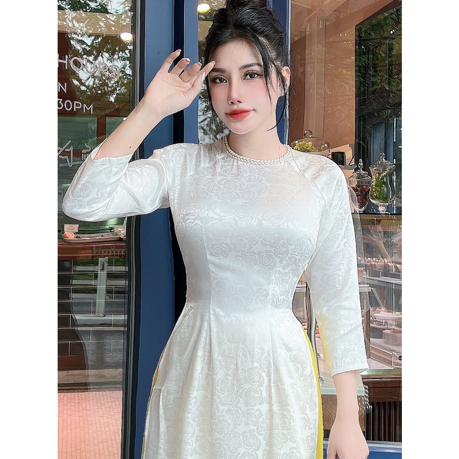 Áo dài gấm lụa hoa hồng viền cổ dễ thương AD018 - Lady Fashion