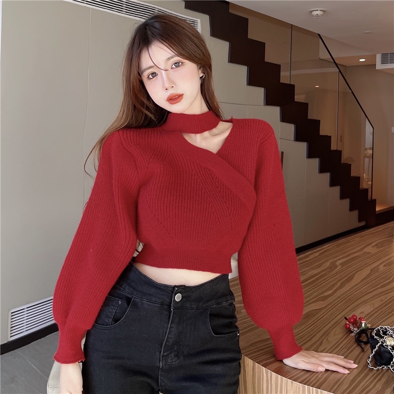 Áo len đỏ dài tay mặc đi chơi giáng sinh noel tết dễ thương tay phồng kiểu cổ choker LUHAZO cá tính cho nữ S-34.1