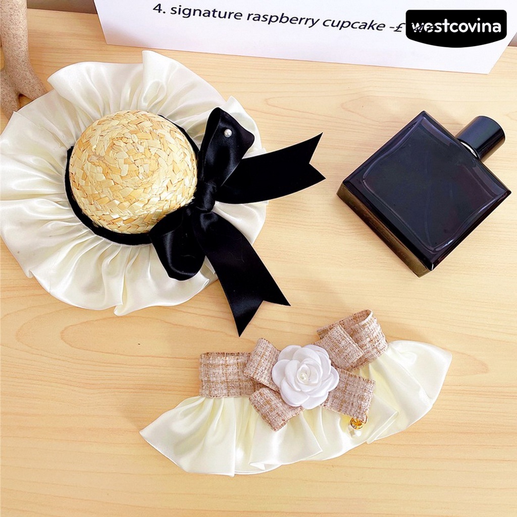 [COD]♘Mũ Cói Che Nắng Đính Nơ Viền Bèo Dễ Thương Thoải Mái Cho Thú Cưng