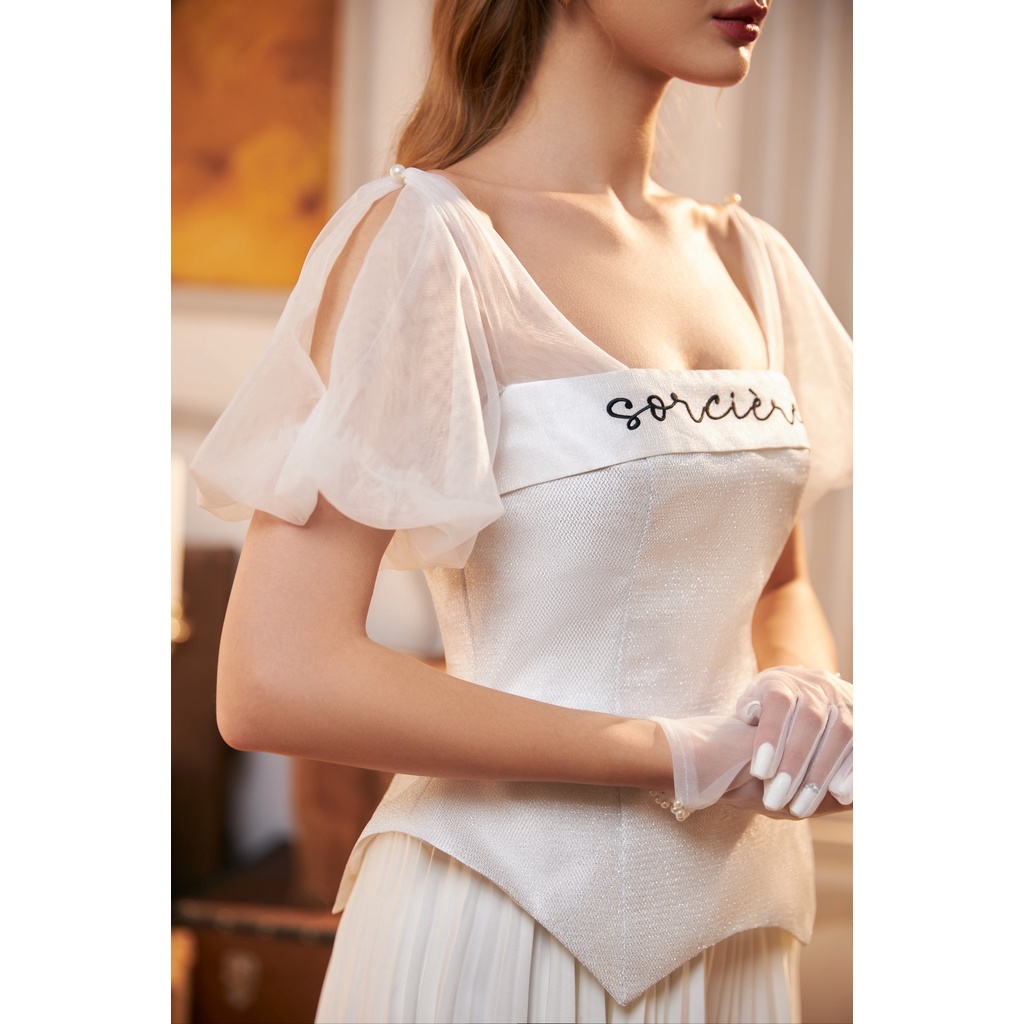 CHICHI - Váy taffta phối lưới bạc, xoè ly dẻ quạt Robe Couronne