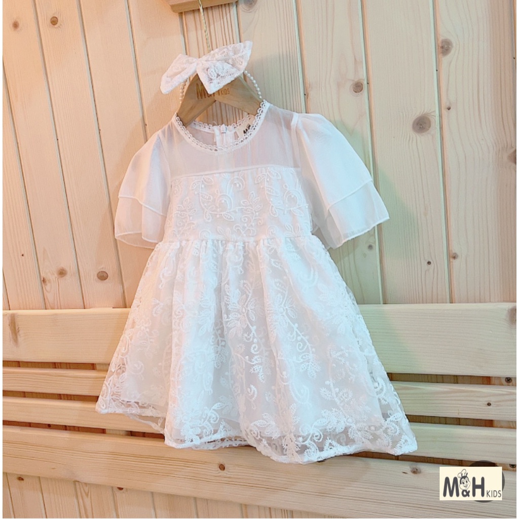 Váy Công Chúa Trắng Kèm Bờm Ngọc Cho Bé Gái WOWKIDS Chất Ren Cao Cấp Phối Von Tơ Từ 9 - 30kg