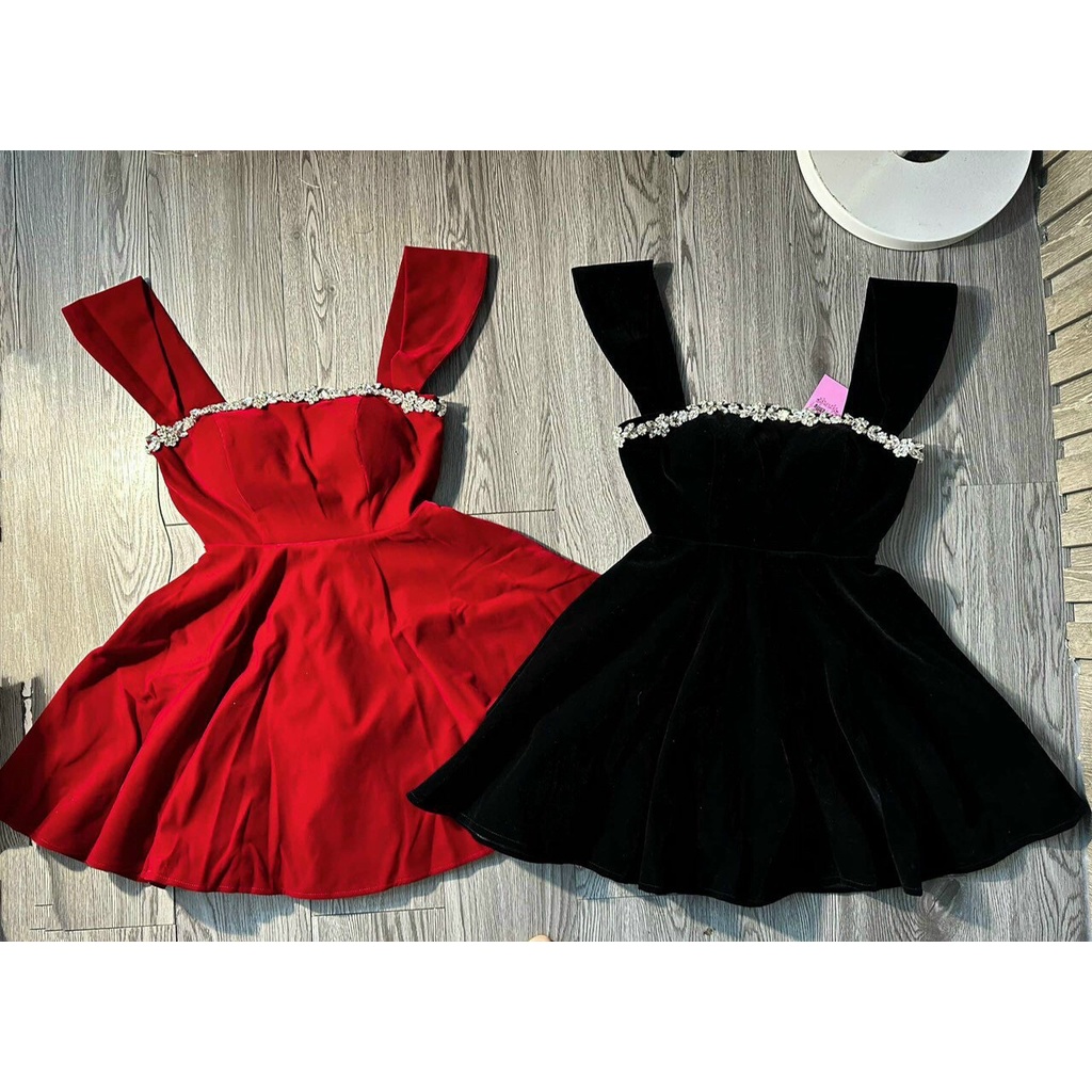 Đầm cánh xòe đính đá cườm cổ vuông chất Nhung lingen kèm phụ kiện đi chơi, dự tiệc sang trọng