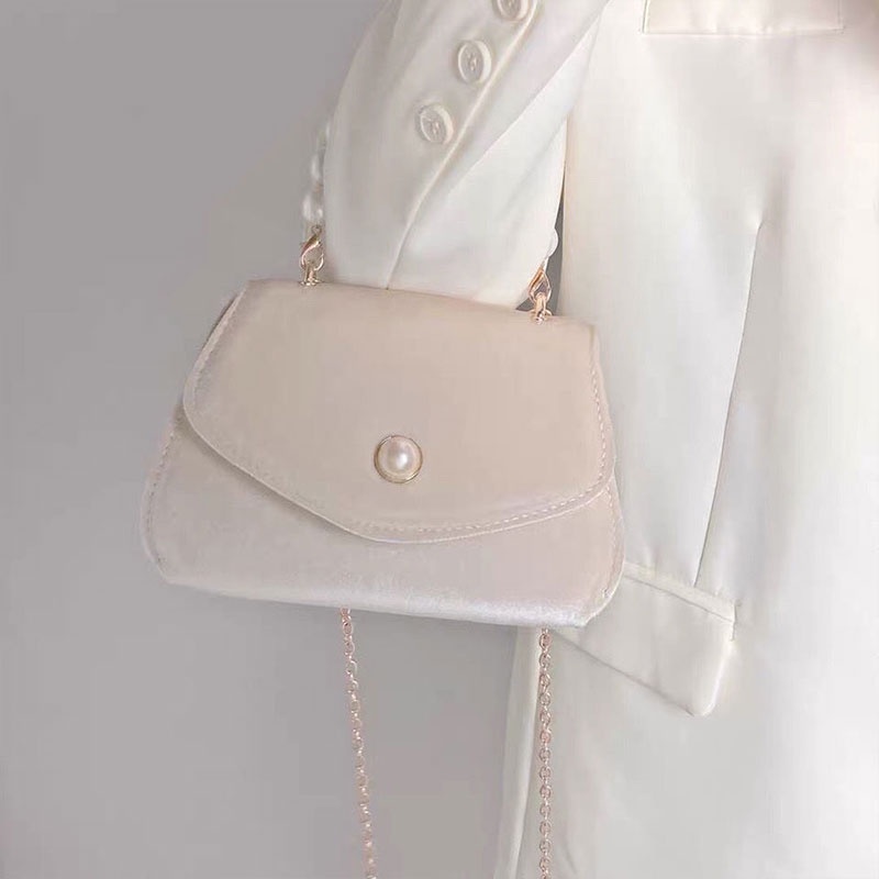 MISCHA Túi Đeo Vai Màu Trơn Chất Liệu Nhung Đính Ngọc Trai Thời Trang Cho Nữ