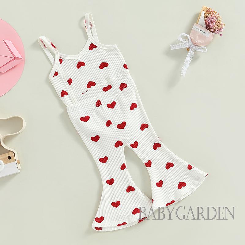 Bộ Áo Liền Quần Sát Nách In Họa Tiết Trái Tim Kèm Quần Ống Loe Lưng Thun Thời Trang Mùa Hè Cho Bé Gái 0-3 Tuổi