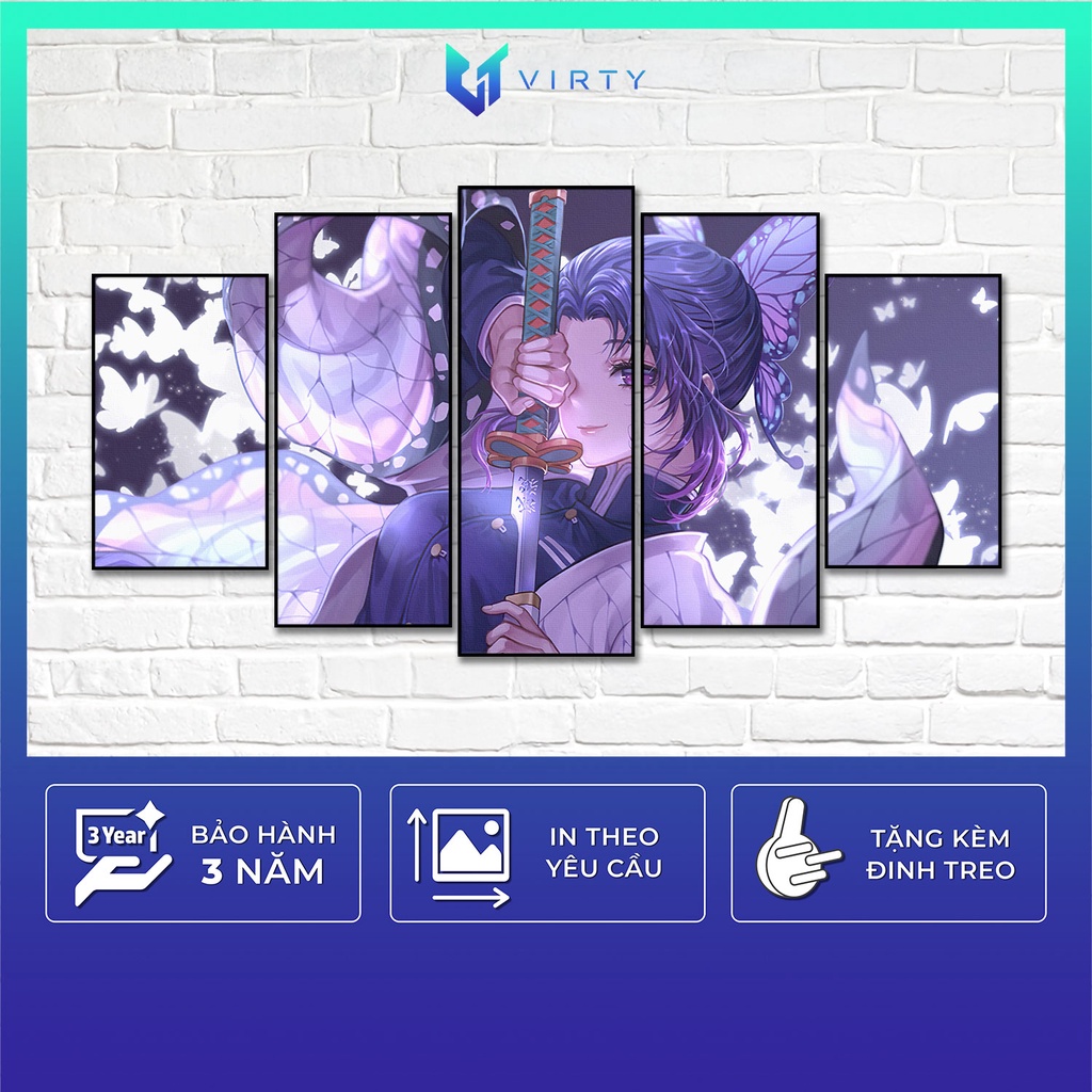 Bộ 5 Tranh treo tường decor phòng ngủ VIRTY trang trí phòng khách, tranh canvas ANIME KIMETSU NO YAIBA kèm khung composi