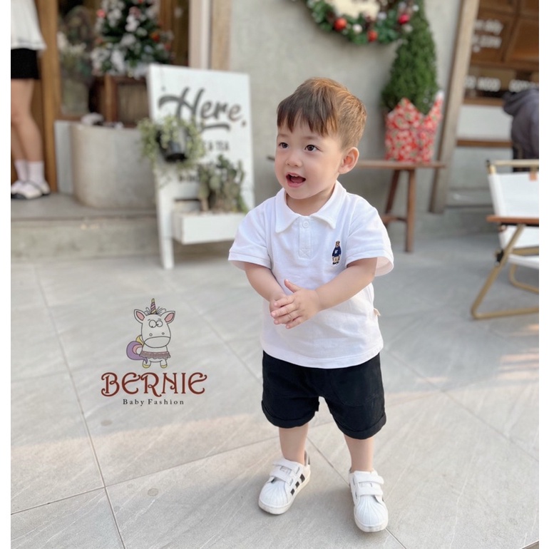 Bộ đồ Polo cho bé trai bé gái basic đồ đồi đồng phục BERNIE áo trắng quần short đen chân váy xếp ly bé 8-30kg