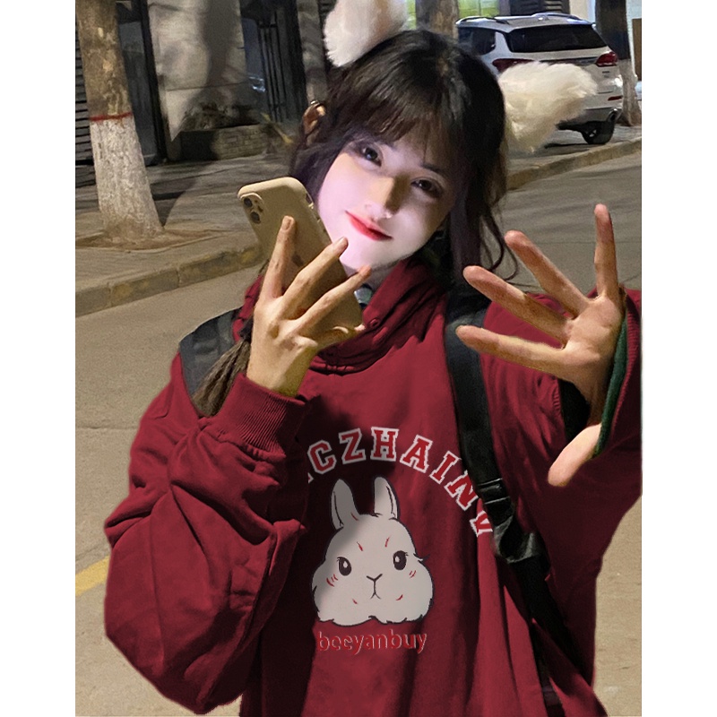 NRVP Áo Thun Nỉ Tay Dài In Hình Thỏ Năm Mới 2023 Phong Cách Hàn Quốc Thời Trang Mùa Đông Cho Nữ