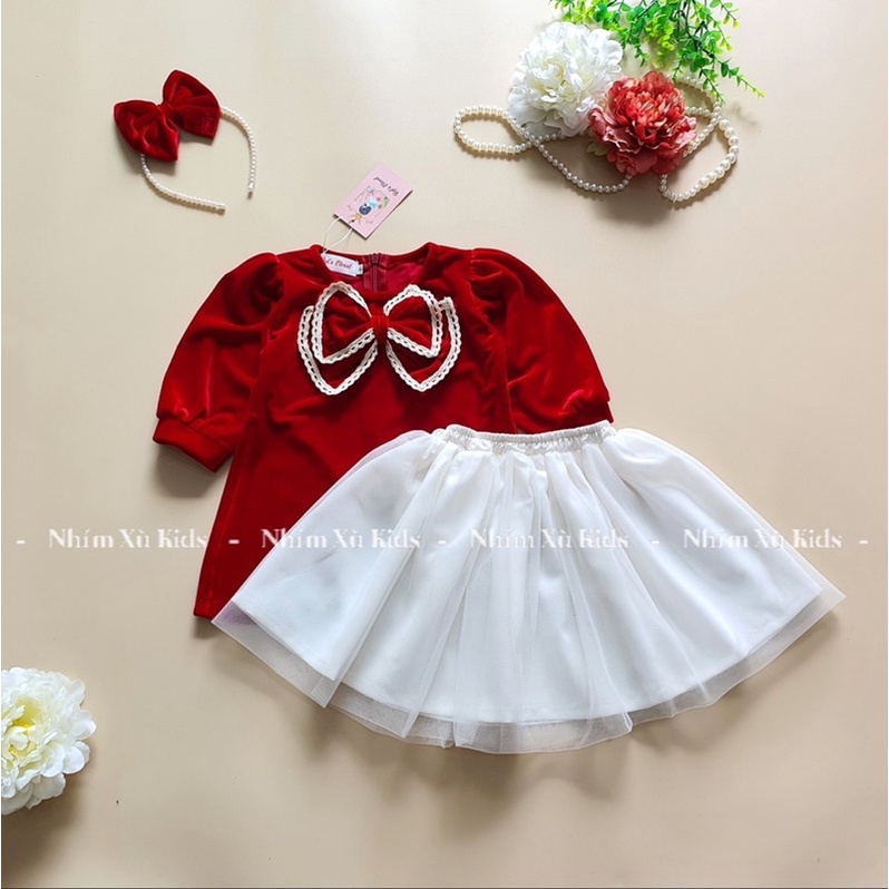 Áo Dài Cách Tân Nhung Đỏ NHÍM XÙ KIDS Tặng Kèm Cài Cho Bé Gái 6 Tháng Đến 8 Tuổi AD126