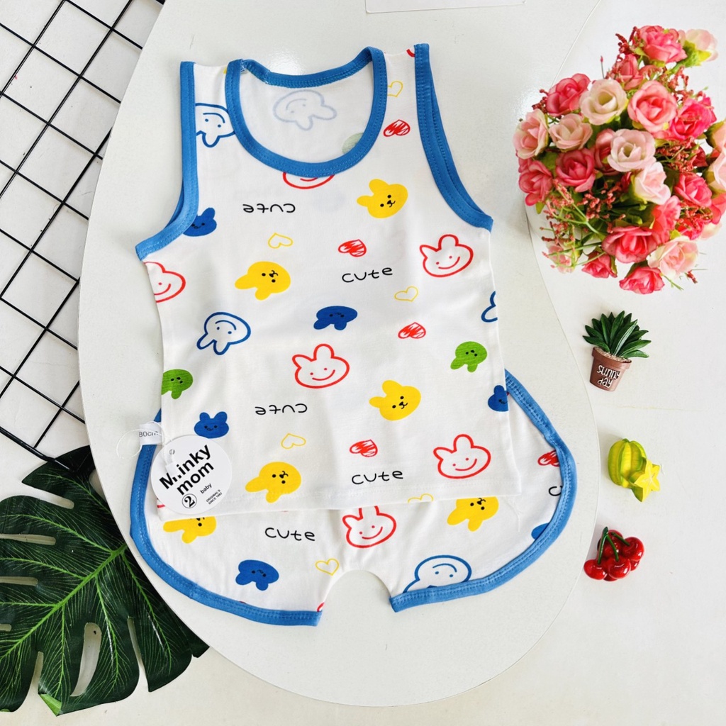 Bộ ngắn tay ba lỗ sát nách thun lạnh Minky quần phối viền kín thân cho bé