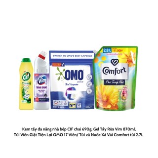 Combo unilever gel tẩy rửa vim 870ml, kem tẩy cif, viên giặt omo 3in1, nước xả comfort 2.8l