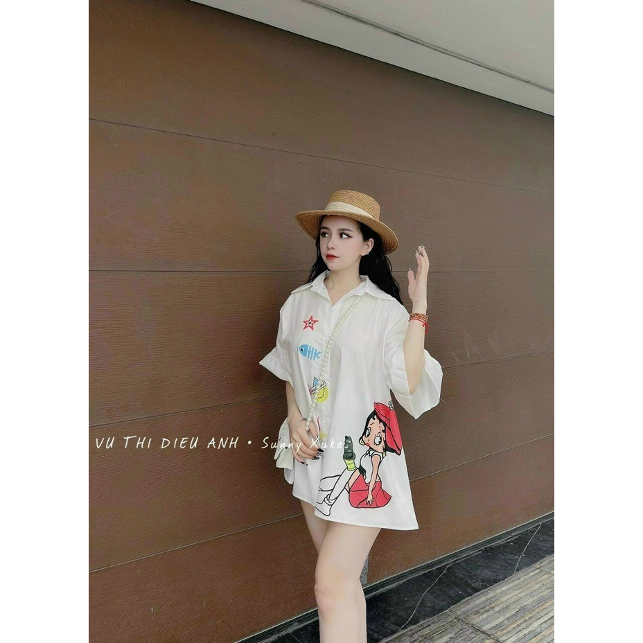 (Sale FreeShip) Aó sơ mi nữ from rộng,áo tay bèo in hình xinh xắn,tone màu trắng trẻ trung phối chân váy hay quần đều xi