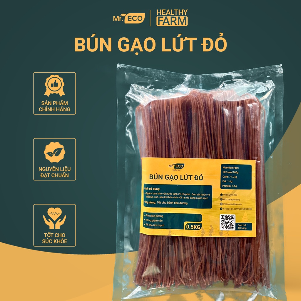 Bún Gạo Lứt Đỏ Hữu Cơ Mr.Eco Healthy Food Hỗ Trợ Giảm Cân, Eatclean Gói 500g