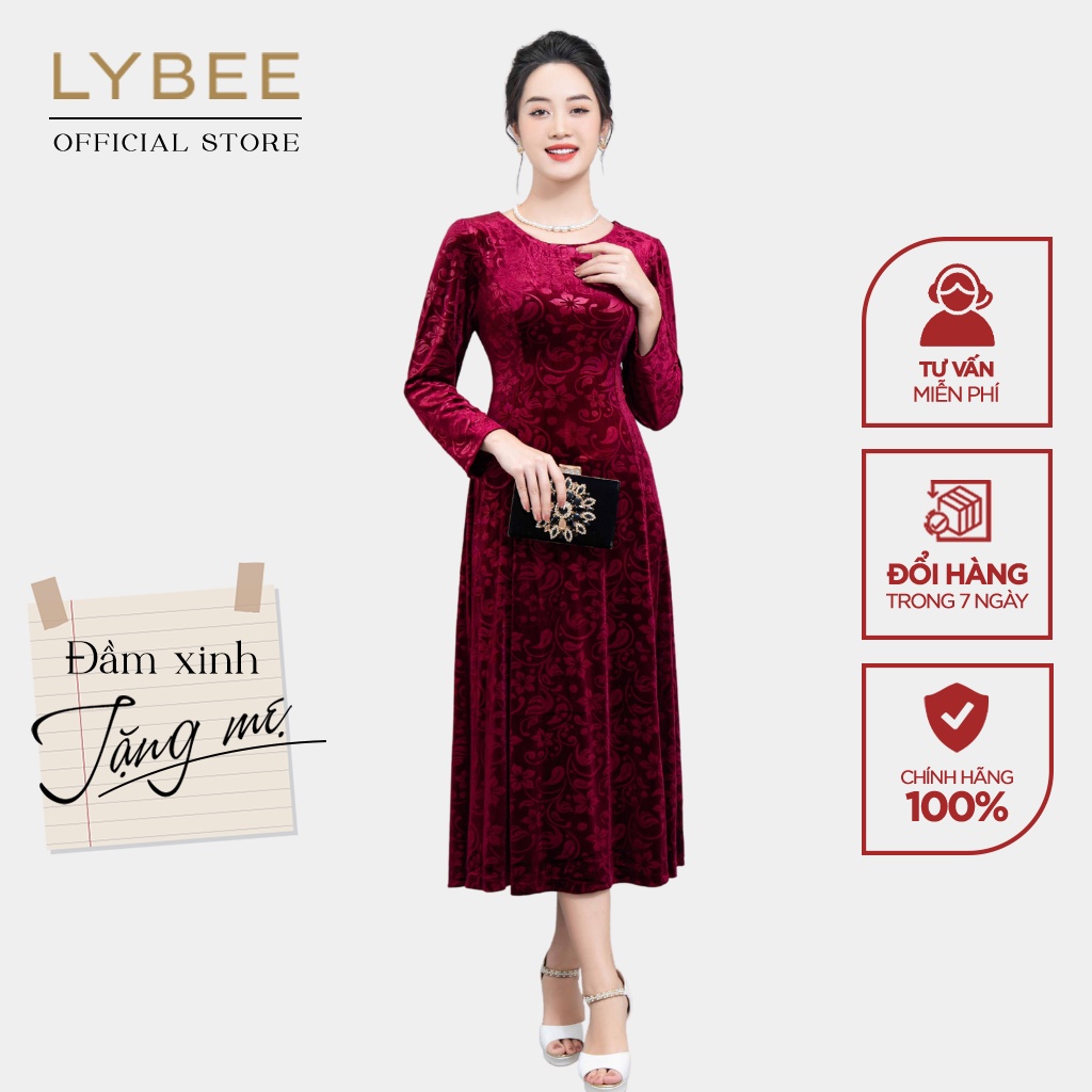Đầm trung niên nữ thiết kế LYBEE LV865 quà tặng cho mẹ chất nhung cao cấp tay lỡ thu đông màu tím đỏ xanh