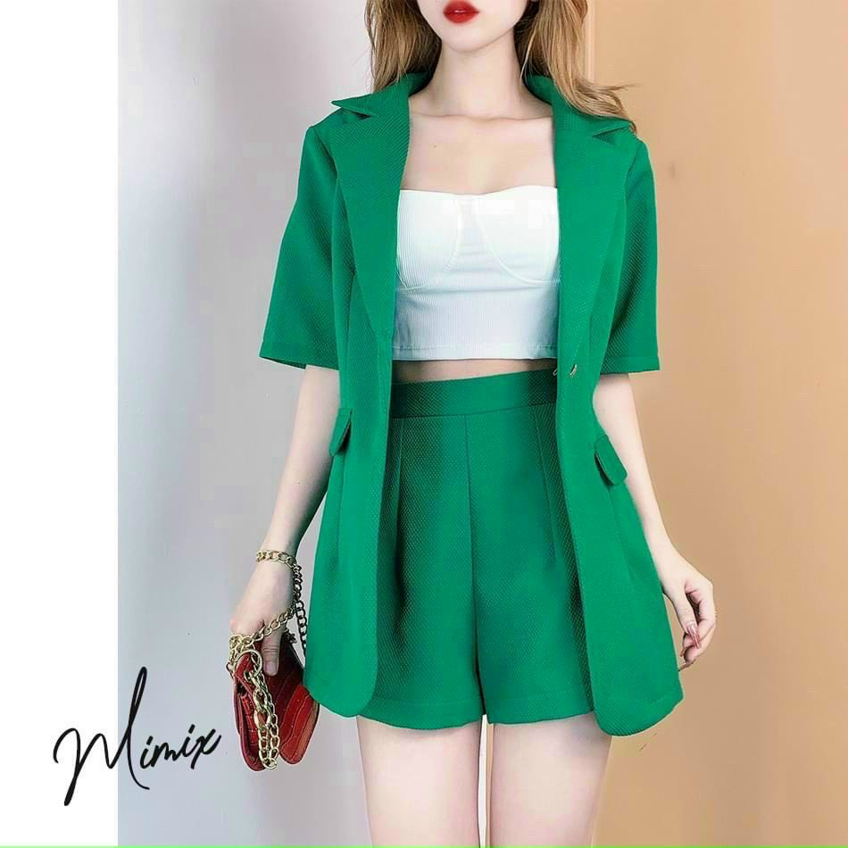 Set bộ vest thái thời trang nữ đi chơi chất cotton áo lót body áo khoác tay ngắn cổ sơ mi túi quần đùi mini ống đứng