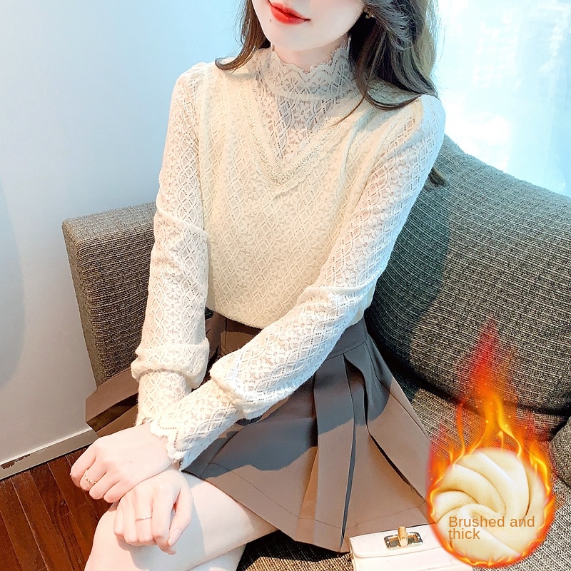 Áo Sơ Mi Chiffon Cổ Cao Phối Ren Thời Trang Mùa Đông 2023 Mới Cho Nữ