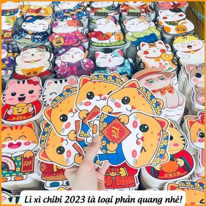 Bao lì xì tết 2023, bao lì xì thiết kế phong bì lì xì siêu dễ thương, chibi hoạt hình con mèo tết Quý Mão 2023