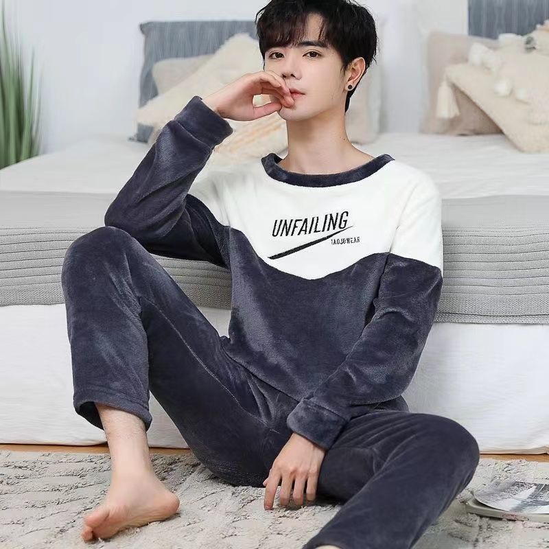 Bộ Đồ Ngủ Lông Cừu Dày Dặn Ấm Áp Theo Phong Cách Thu Đông Dành Cho Nam