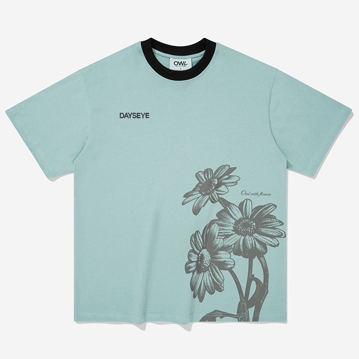 OWL BRAND® DAYEYE TEE - Áo thun nam cổ viền hoạ tiết hoa / Xanh