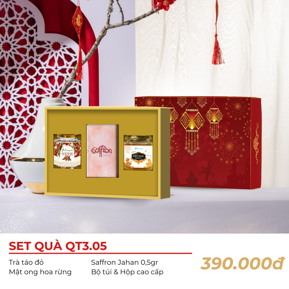 Hộp quà tặng 8/3 đỏ sang trọng cao cấp, Saffron Jahan cùng trà và mật ong, phù hợp biếu tặng QT3.05