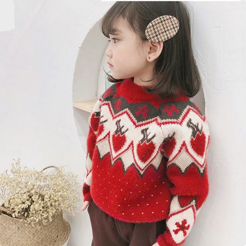 Áo sweater IQ Angel vải lông cừu dày thêu họa tiết chấm bi và dâu tây phong cách Giáng Sinh xinh xắn dành cho bé gái