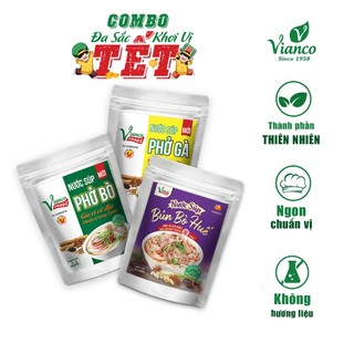 Combo 3 gói gia vị chuẩn súp hoàn chỉnh phở bò 200ml, gà 200ml, bún bò huế 200ml vianco - việt ấn