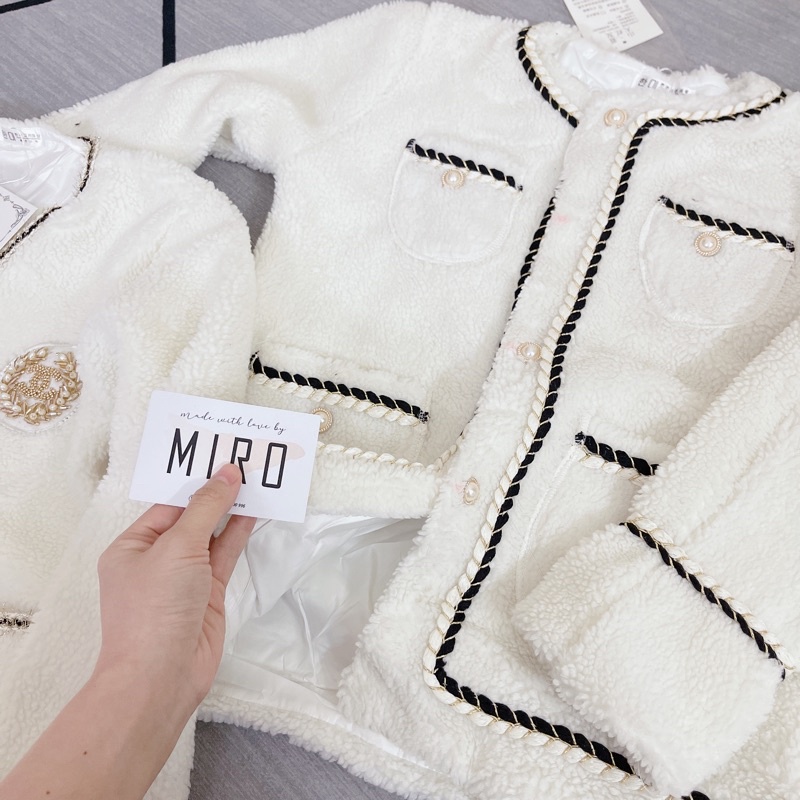 Áo khoác lông cừu đại hàn cổ tròn dày dặn ấp áp mặc đi Đà lạt Sa pa áo lông 4 túi viền dây dệt cúc ngọc