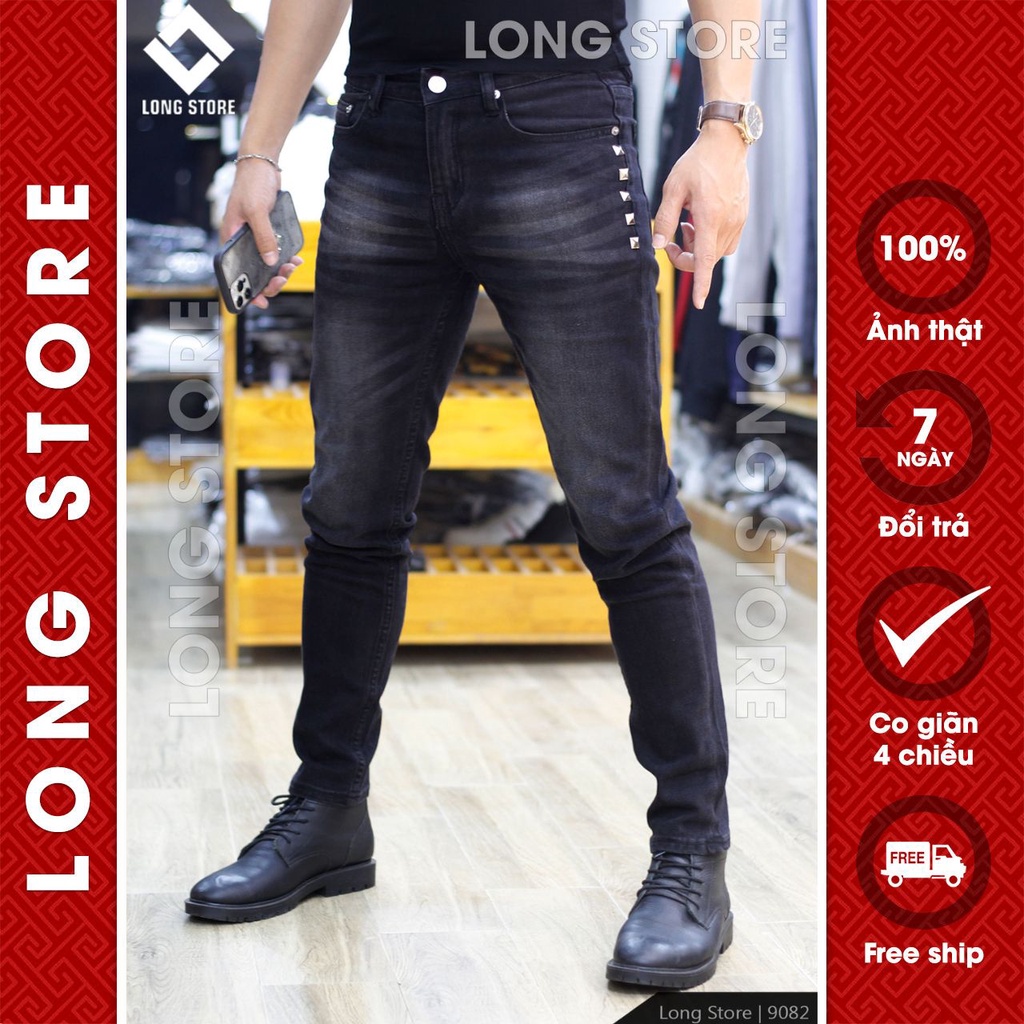 Quần jean nam đen xám đính đinh tán LONGARES cao cấp ống đứng dáng ôm skinny chất bò đẹp co giãn 9082