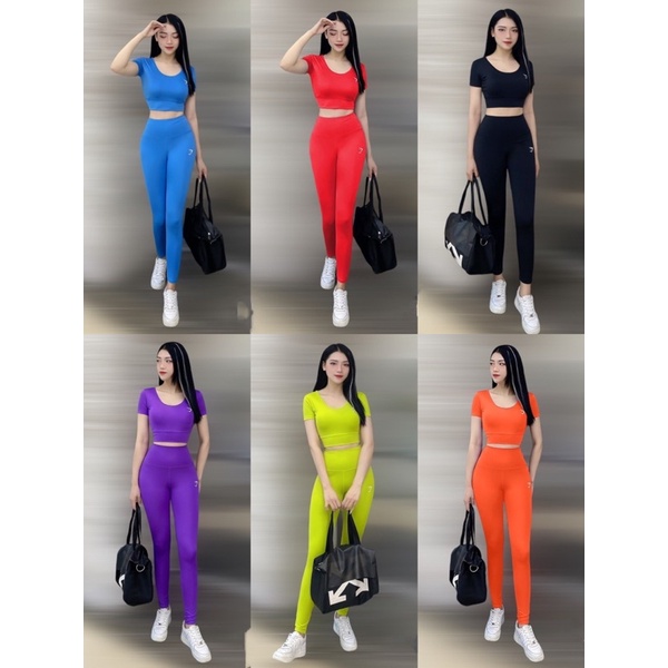 Bộ đồ tập gym yoga nữ 2 dây chéo tay con, bộ quần áo tập thể thao áo croptop và quần dài kèm mút