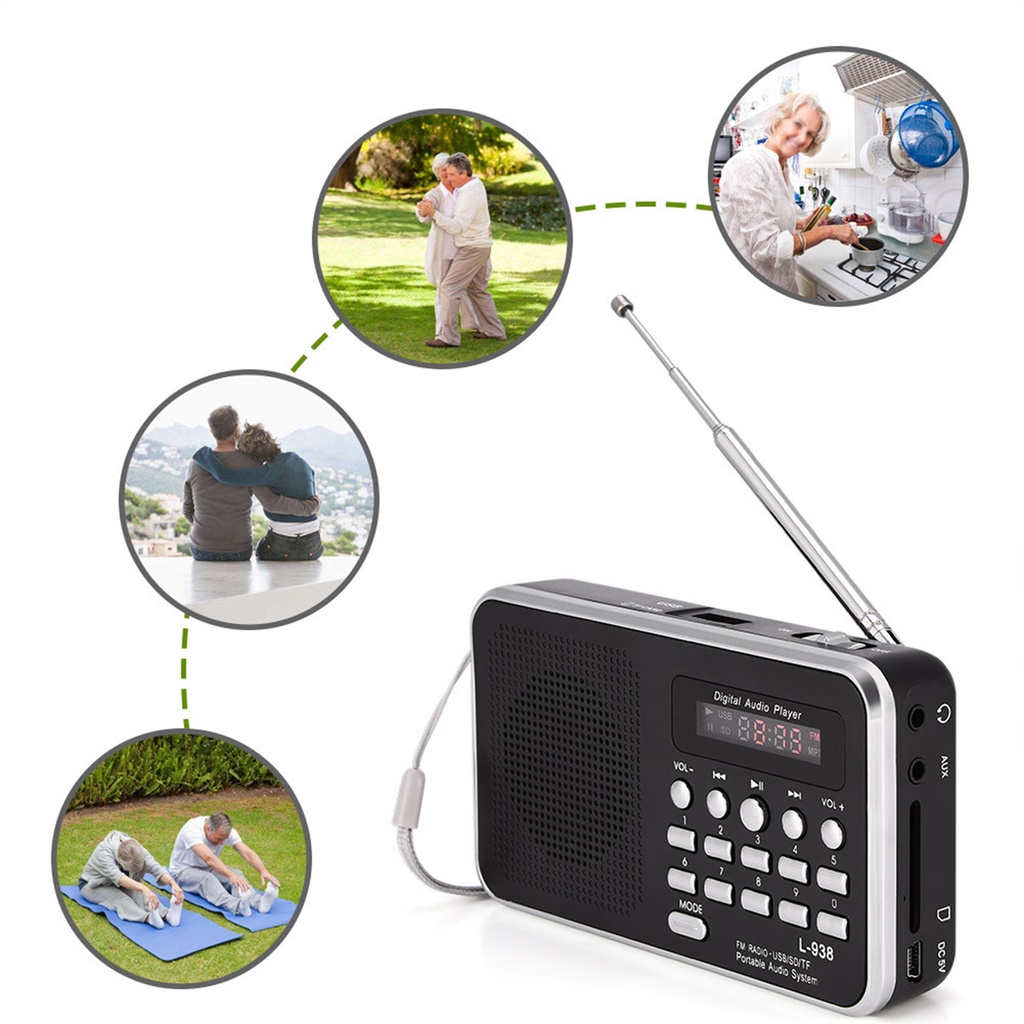 [Hàng Sẵn] Đài Radio FM nghe nhạc kỹ thuật số di động Loa HiFi Hỗ trợ TF SD Thẻ USB AUX w / Display【Carbon070】