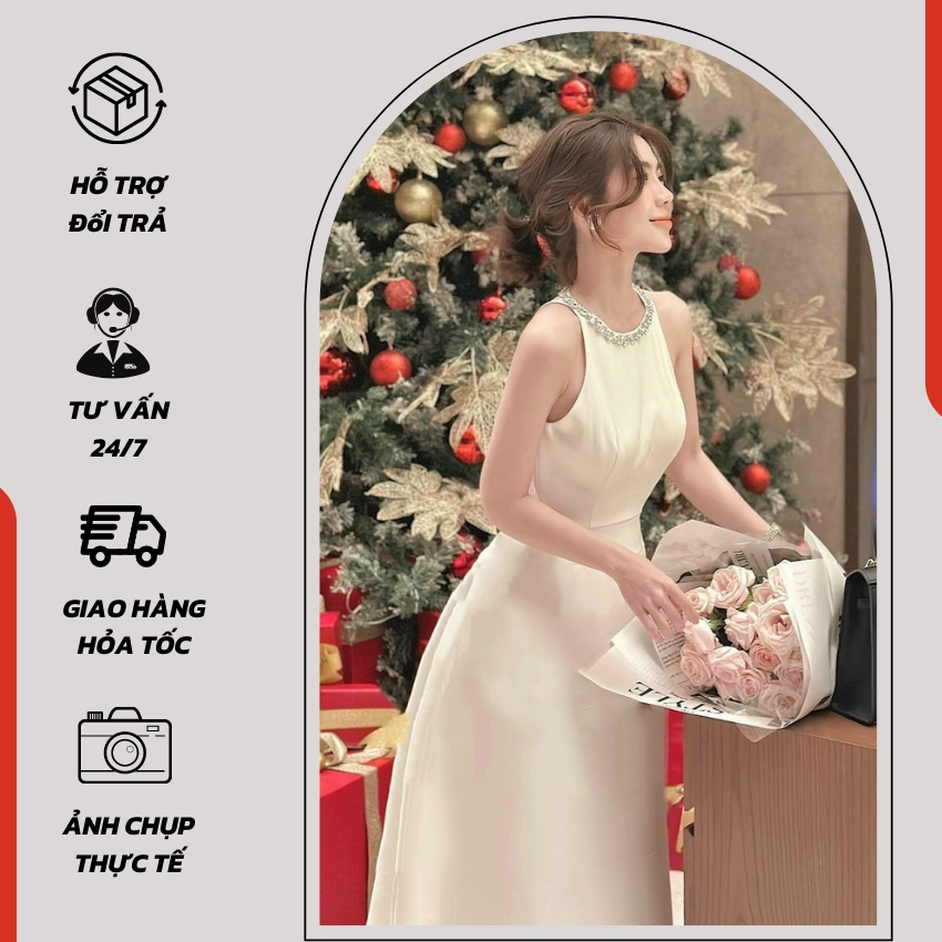 Đầm nữ xẻ tà cổ yếm đính kim sa tôn sáng trẻ trung dáng xòe - 752