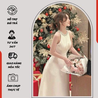 Đầm nữ xẻ tà cổ yếm đính kim sa tôn sáng trẻ trung dáng xòe - 752