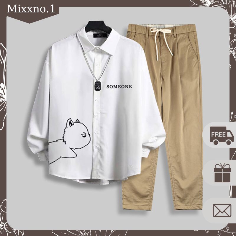 Bộ Quần Áo Nam Áo Sơ Mi Dài Tay Quần Baggy Kaki Basic Có Túi mixxstore SO MI NAM 023 + QUAN NAM 060