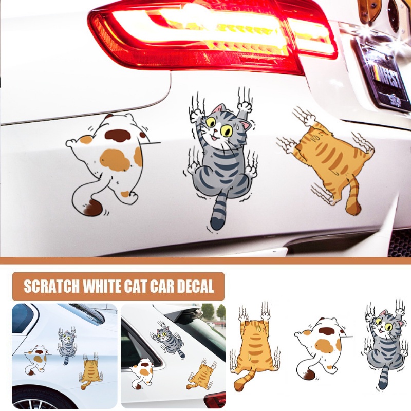 Bộ 3 Nhãn Dán Trang Trí Xe Hơi Tự Dính Không Phai Họa Tiết Hoạt Hình Mèo Leo Trèo Vui Nhộn
