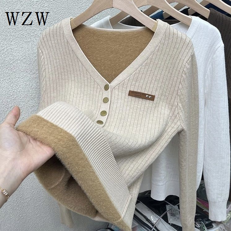 Áo Sweater Dệt Kim Một Mảnh Lót Lông Cừu Dày Dặn Phong Cách Hàn Quốc Thời Trang Thu Đông Cho Nữ