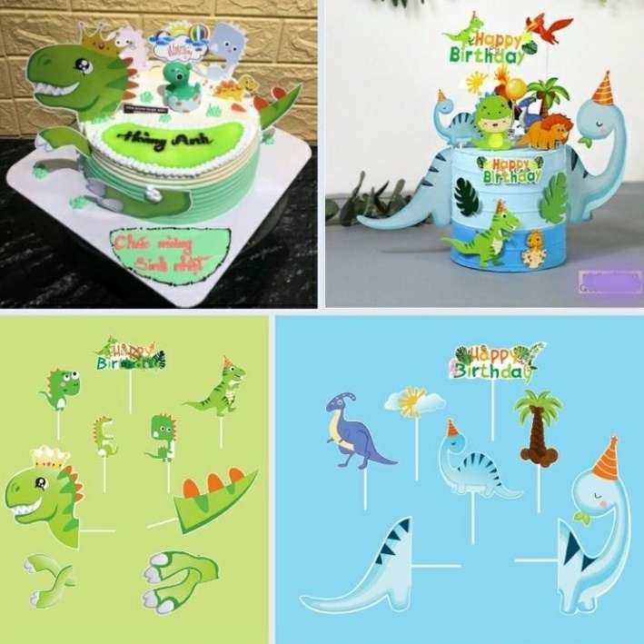 Set giấy Khủng long Ghép đầu trang trí bánh sinh nhật, set cắm giấy mới
