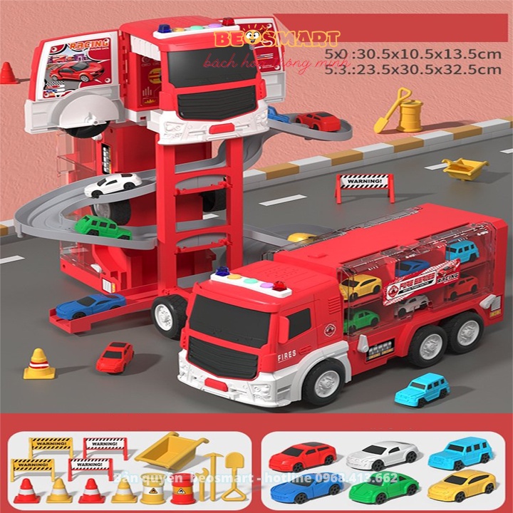 Đồ chơi robot biến hình, máy bay, ô tô biến hình có nhạc có đèn lắp ghép thành đường ray và công trình có sẵn xe nhỏ