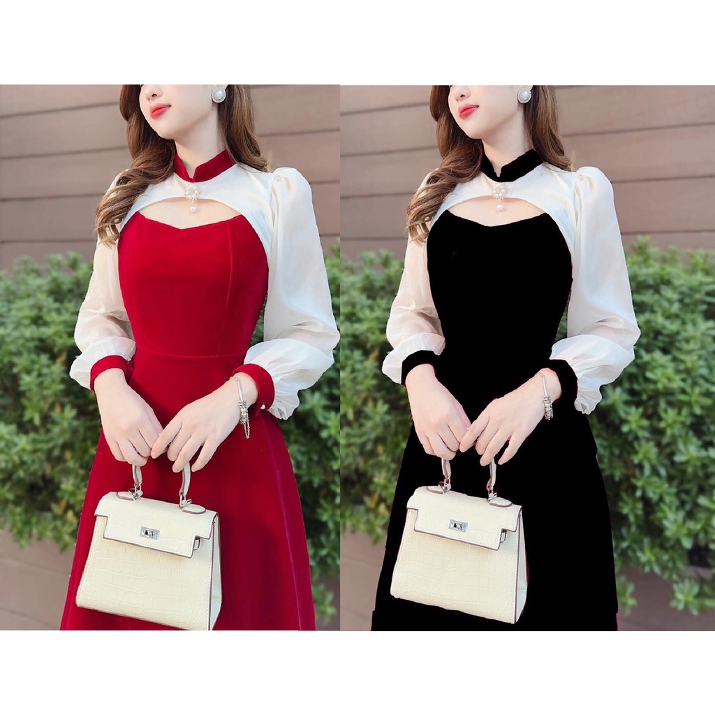 CÓ ẢNH THẬT - Váy nhung tiểu thư cutout cổ phối voan tay dài đính tag ngọc xịn xò phong cách tiểu thư thanh lịch