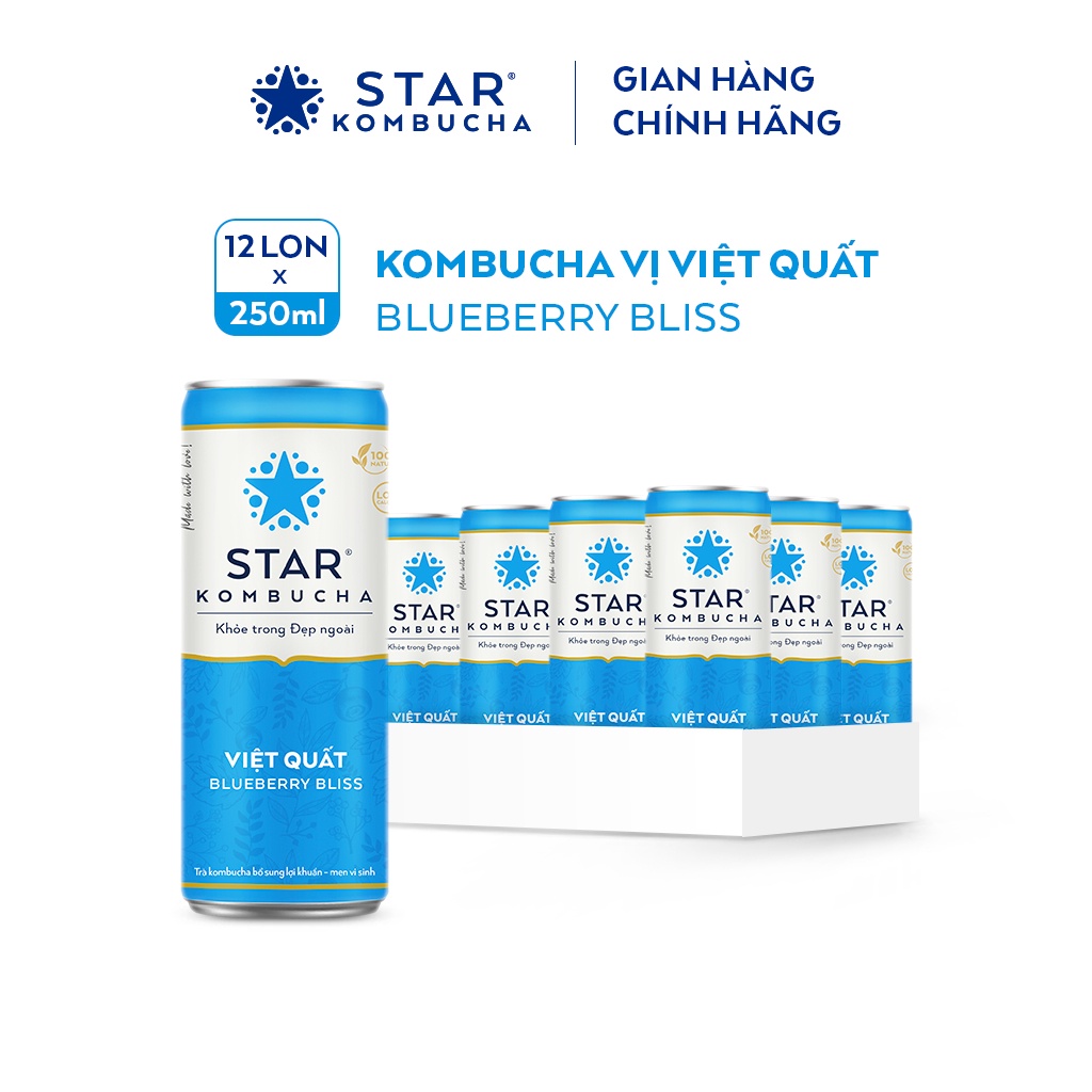 Thùng 12 lon STAR KOMBUCHA Việt Quất / Blueberry Bliss (250ml/lon) - Trà lên men kombucha bảo vệ sức khoẻ