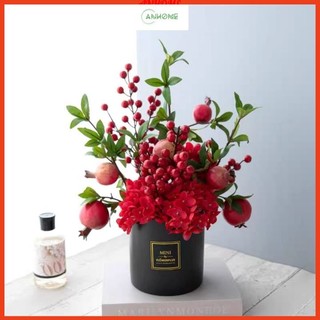 Bình quả lựu giả mix đào đông đỏ và hoa lụa để bàn trang trí kệ tủ, bàn làm việc, trang trí Tết, Noel siêu đẹp BL-01